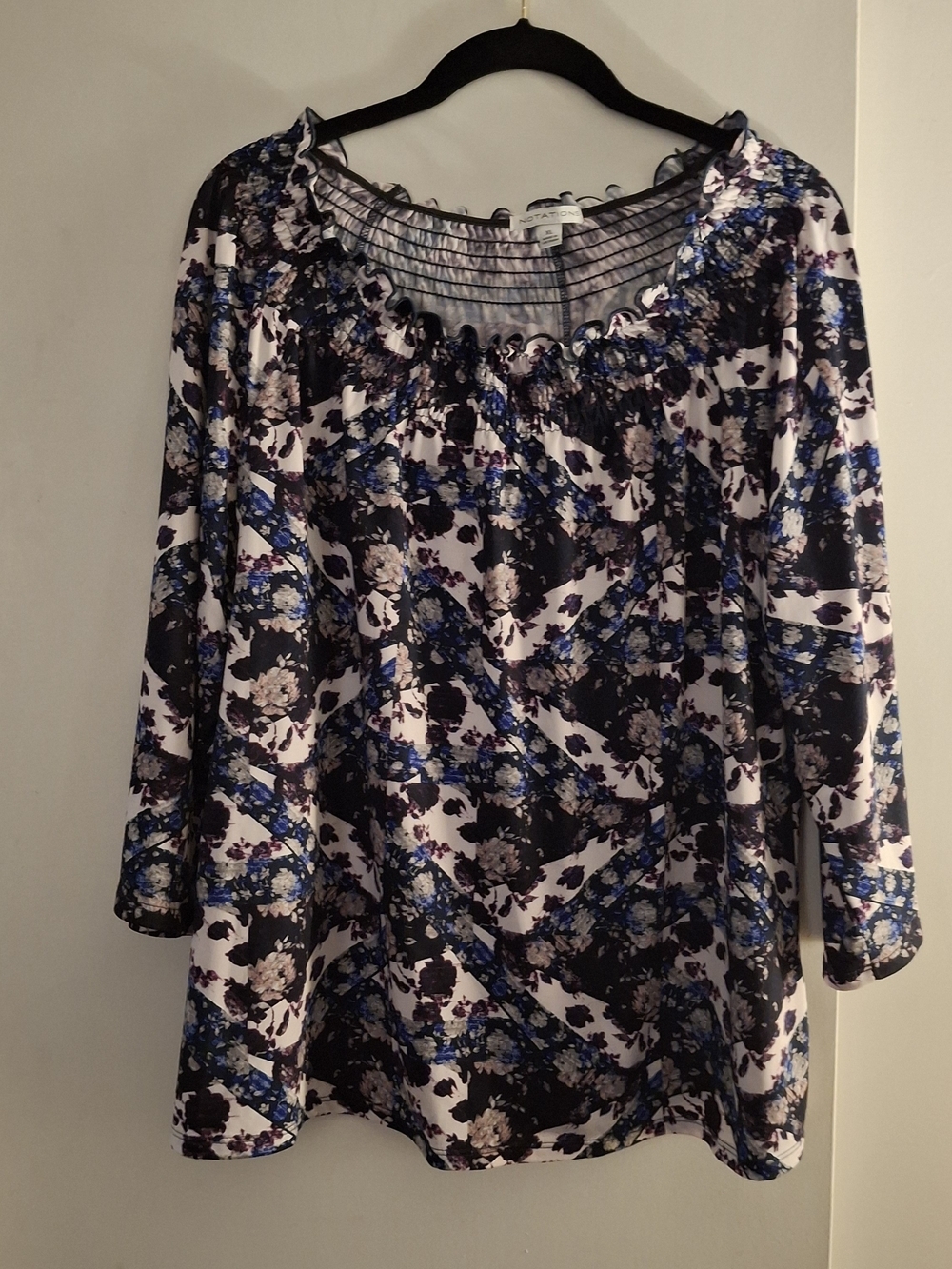 Notations Women's 3/4 Sleeve Floral Smocked Scoop-Neck Tunic - Blue & Black